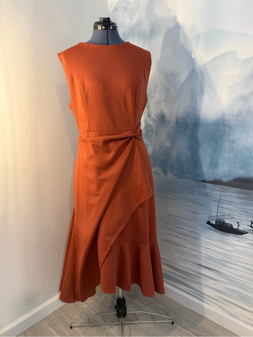 Sleeveless Rust Wrap-Detail Midi Dress #215